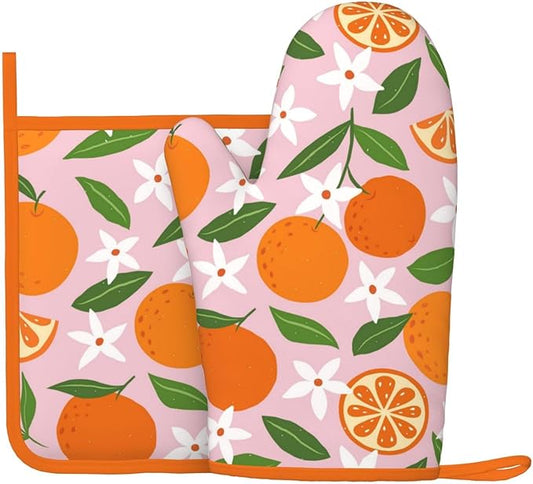 Tropical Fruit Oranges Silicone Oven Mitts Pan Mats Set of 2, Heat Resistant Gloves Potholder with Non-Slip Grips Hanging Loops Pot Holder, Spring Summer for Chef Cooking, Baking, Grilling, BBQ