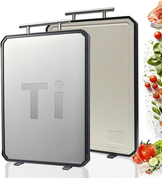 Titanium Cutting Board for Kitchen, Double Sided Titanium Cutting Board with Juice Groove, Metal Chopping Board for Kitchen, Titanium & Wheat Straw PP, Dishwasher Safe, 16.3”×11”
