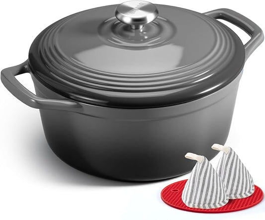 Overmont Enameled Cast Iron Dutch Oven - 5.5QT Pot with Lid Cookbook & Cotton Potholders - Heavy-Duty Cookware for Braising, Stews, Roasting, Sourdough Baking Grey by Overmont