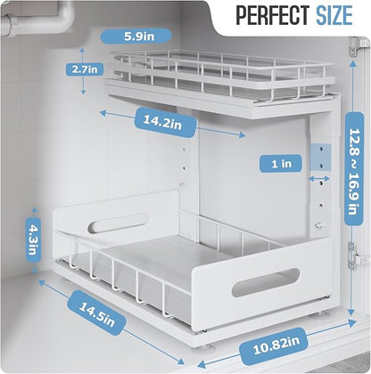 Under Sink Organizer Upgrade To Professional Rails,2-Tier Dual Pull Out Cabinet Storage,Height Adjustable Slide Out Drawers For Bathroom Kitchen,2 Pack-14.5"Dx12.8"-16.9"H,White - Image 2