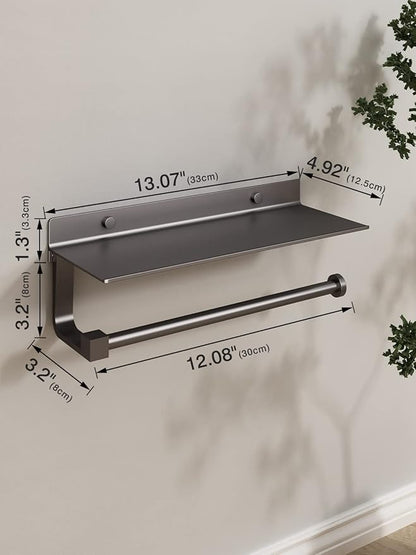 Paper Towel Holder Wall Mount - for Bathroom Hand Towel Holder for Bathroom Black Paper Towel Holder with Shelf Grey