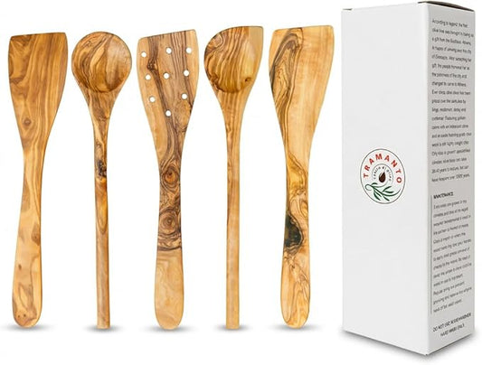 Tramanto Olive Wood Utensil Set - 5 Piece Spatula and Spoon Wooden Cooking Tools, 12 Inch Long, Rustic Hand Made with Gift Box