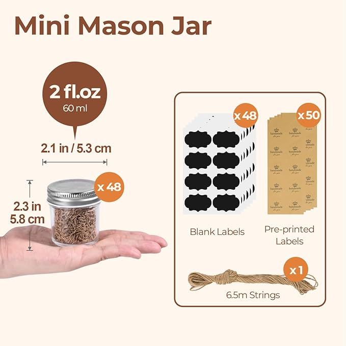 ComSaf Small Mason Jars 2 oz, 48 Pcs Mini Mason Containers, Small Canning Jars, Mini Glass Jar with Lids for Ginger Shots, Honey, Jams, Sauces, Spices, DIY Candle Decor, Dressing, Wedding Favors - Image 2
