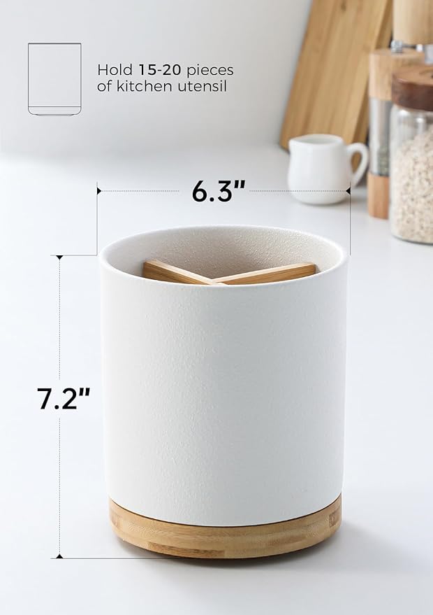 LoeJan 3 Compartment Utensil Holder, Extra Large Utensil Crock, Stable Ceramic Utensil Organizer, Cooking Tool Organizer Set for Kitchen Counter Farmhouse Decor, Textured White - Image 2