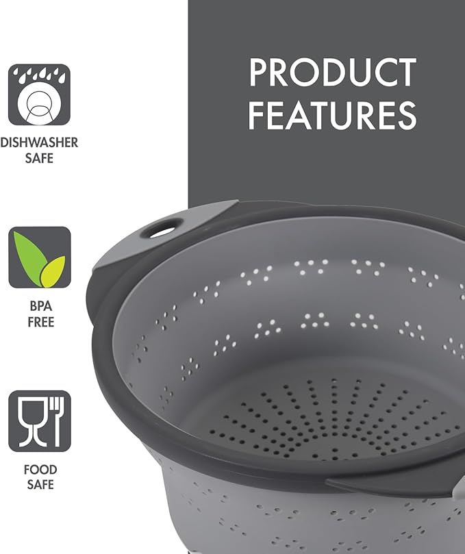 Dexas 10" Collapsible Silicone Colander in Cool Grey, Kitchen Strainer with Handles, 15.1 Cup Capacity | BPA-Free, Heat-Resistant, Space-Saving Kitchen Tool - Image 4