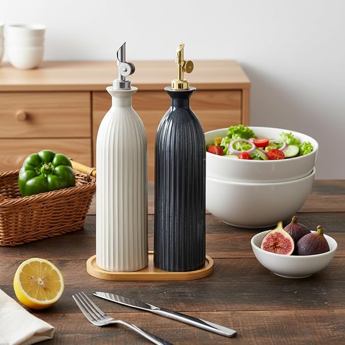 Ceramic Olive Oil Dispenser Bottle,17 oz Stoneware Relief oil container for kitchen with Stainless Gravity Spout, Suitable for Cooking,Sauce,syrup - Reactive White