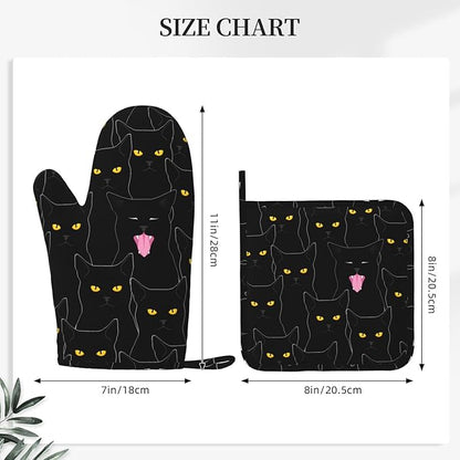 Fun Black Cat Oven Mitts and Pot Holders Set of 4 Silicone Heat Resistant Oven Mitten Potholders Non Slip Gloves Kitchen Decor for BBQ Cooking Grilling Baking