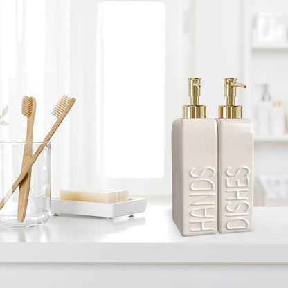 Soap Dispenser Set with Gold Stainless Steel Pump and a Funnel, 2 Pack Modern Ceramic Refillable Hand and Dish Soap Dispenser for Kitchen, Bathroom, Matte White - Image 3