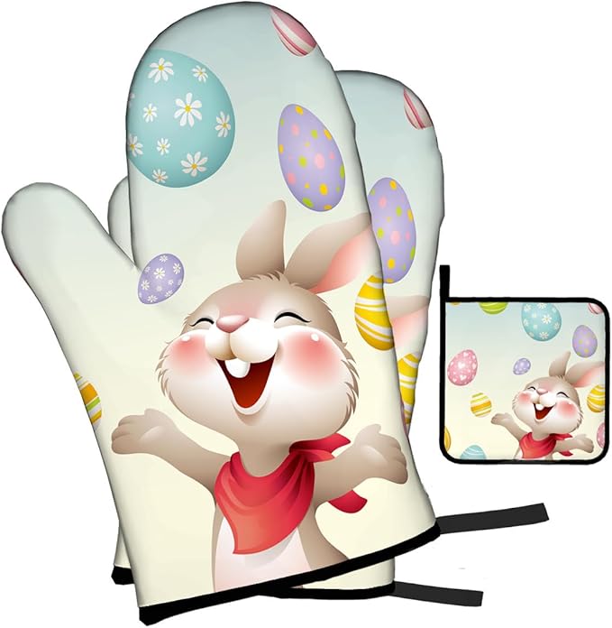 LOKMU Oven Mitts and Pot Holders Set of 3, Smiley Bunny with Easter Eggs Heat Resistant Kitchen Gloves Hot Pads for Cooking Baking BBQ, Kitchen Decor Gifts for Cooking Lover Cooks