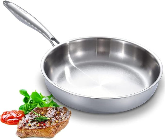 DELARLO Full Clad Tri-Ply Stainless Steel Frying Pan 10 inch, All Stove Compatible Up to 600℉, Heavy Duty, Oven Safe Skillet, 18/10 Cooking Pan, Chef's Pan for Kitchen, Omelette Pan, Flat Bottom