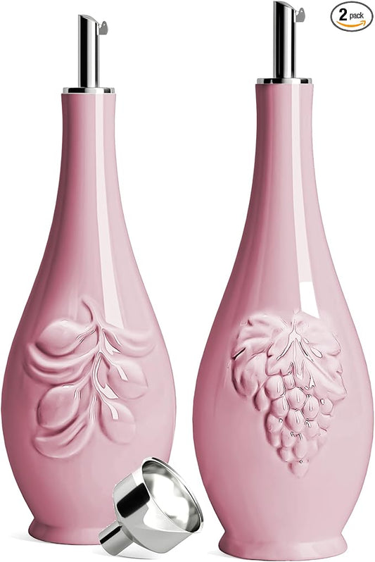 HOMBENE Porcelain Oil and Vinegar Dispenser, 16oz Oil Dispenser for Kitchen, Leakproof Oil Containers for Cooking Set for 2, 500ml (Dreamy Sakura Pink)