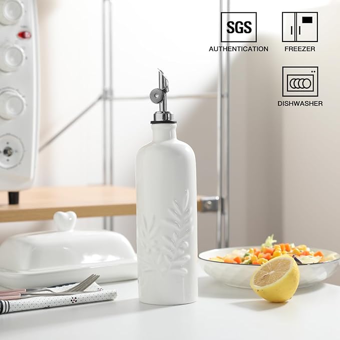 Sweejar 18 Oz Oil Dispenser for Kitchen with Gravity Spout, Ceramic Olive Oil Dispenser Bottle, Relief Opaque Vinegar Container for Evoo, Vinegar, Soy Sauce, Pack of 1(White, Silver Spout) - Image 2