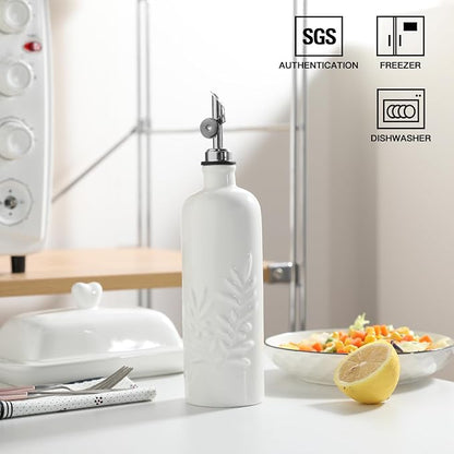 Sweejar 18 Oz Oil Dispenser for Kitchen with Gravity Spout, Ceramic Olive Oil Dispenser Bottle, Relief Opaque Vinegar Container for Evoo, Vinegar, Soy Sauce, Pack of 1(White, Silver Spout) - Image 2