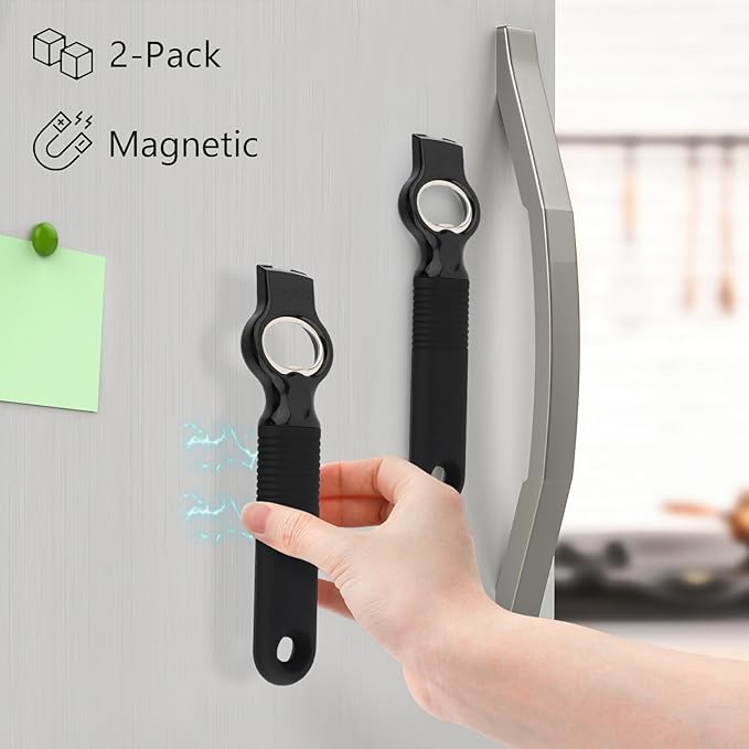 2-Pack Magnetic Beer Bottle Opener & Soda Can Opener, 2-in-1 Bottle Opener and Can Tab Opener Tool for Bartender, Long Nails, Arthritis, Seniors, Silicone Handle with Build in Magnet - Black - Image 2