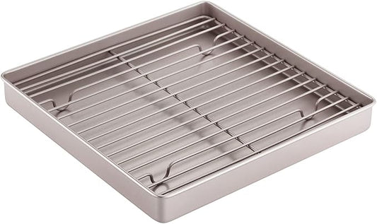 CHEFMADE Roasting Pan with Rack, 11-Inch Non-Stick Square Shallow Dish Sheet Pan with Wire Rack for Oven Baking, BBQ and Roasting 11.2" x 11.2" x 1.4" (Champagne Gold)
