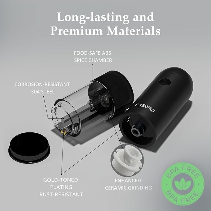 Electric Salt and Pepper Grinder Set, USB Rechargeable, Automatic Salt and Pepper Mill Grinder with Adjustable Coarseness, Electric Salt Shakers, LED Light, Refillable (2 Packs, Black) - Image 3