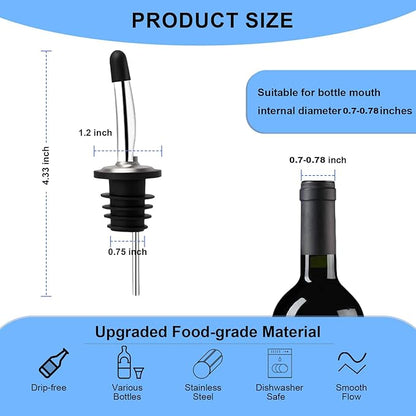 6PCS Bottle Pourer with Adapters, Oil Pourer Spout with Rubber Dust Caps, Stainless Steel Liquor Pour Spout, Speed Pourers for Alcohol, Olive Oil, Bartender Accessories