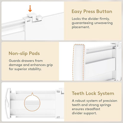 Lifewit Drawer Dividers for Clothes, 3.2" Tall 10.5"-16.5" Expandable Dresser Drawer Organizers, Adjustable White Plastic Separators for Kitchen, Cabinet, Nursery, Socks & Underwear Storage, 4 Pack