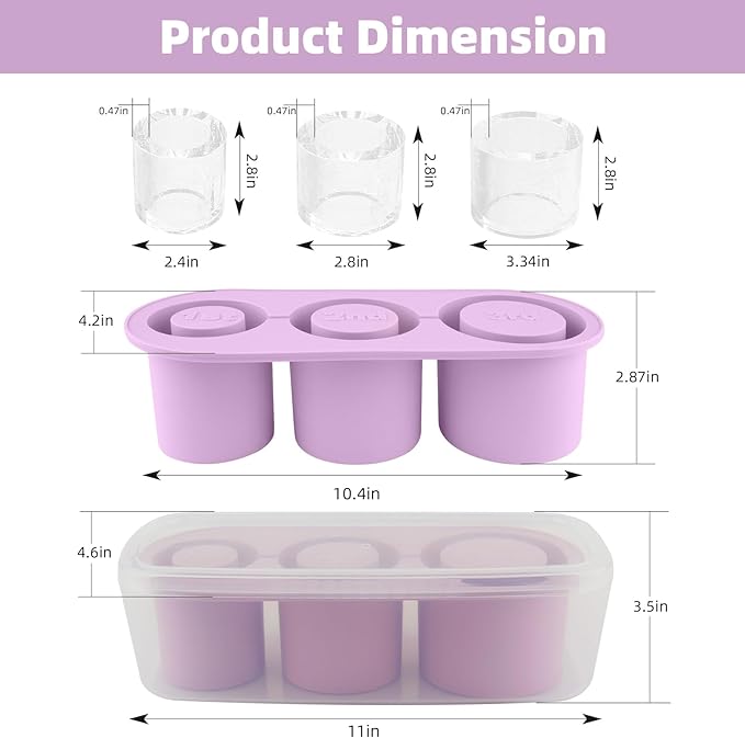 Tcamp Tumbler Ice Mold, Ice Cube Tray for 30 oz -40 oz Tumbler Cup, 3 Pcs Silicone Hollow Cylinder Ice Mold with Lid and Bin for Freezer, Ice Drink, Juice, Whiskey, Cocktail (Purple)