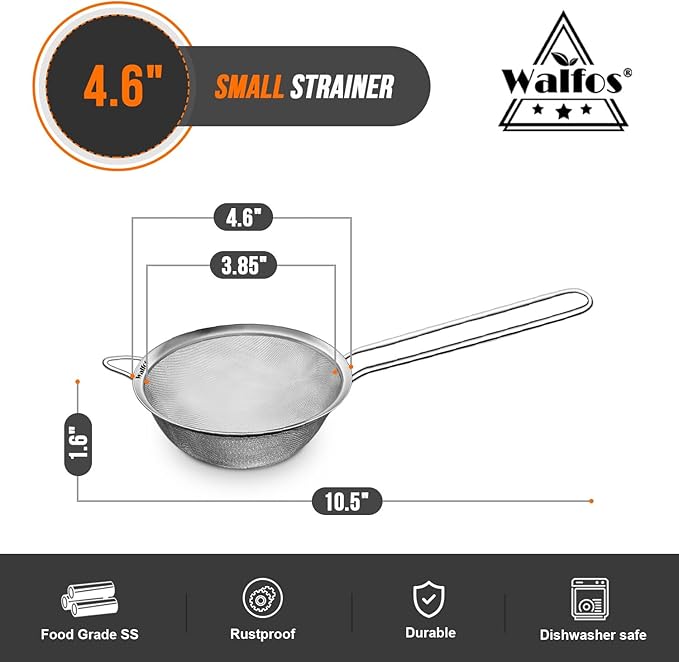 Walfos 4.6 Inch Fine Mesh Strainer, Premium Stainless Steel Colanders and Sifters, with Reinforced Frame and Sturdy Handle, Perfect for Sift, Strain, Drain and Rinse Vegetables, Pastas and Tea - Image 2