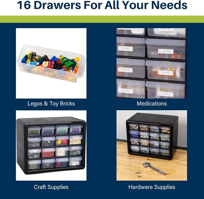 Akro-Mils 16-Drawer Plastic Storage Cabinet | 10-1/2 x 6-1/2 x 8-1/2 Inch | Black | Model 10116 | Garage Organization - Image 5