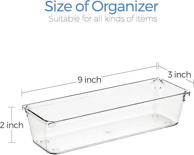 Ravinte 6 Pack Drawer Organizer - 3" X 9" Plastic Storage Bins, Acrylic Organizers with Non-Slip Pads Clear Desk Storage Tray for Makeup, Jewelries, Kitchen Utensils, Bathroom and Office - Image 3