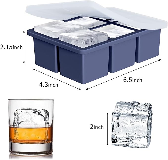 Large Ice Cube Tray for Whiskey: FDDBI Silicone Ice Cube Trays with Lid - 2Pack Big Square Old Fashioned Ice Cube Maker for Cocktail - 2inch Huge Cubed Ice Trays for Whisky - Image 5