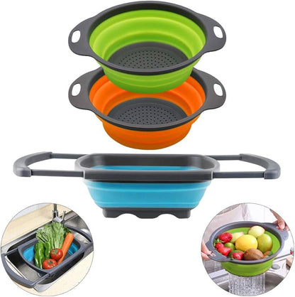 QiMH Collapsible Colander Set of 3-2 PC 4 Quart and 1 PC 6 Quart Over the Sink Colander - Food-Grade Sturdy Plastic Base - Round Space-save Silicone Kitchen Foldable Food Strainer by Qimh