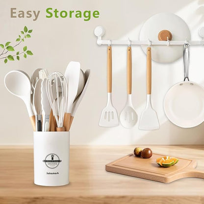 SAKAMOSH Silicone Cooking Utensils Set with Holder, 12 Pcs Heat Resistant Kitchen Utensils Set with Wooden Handle, BPA-free Spatula, Tongs, Spoons Set for Nonstick Cookware, White