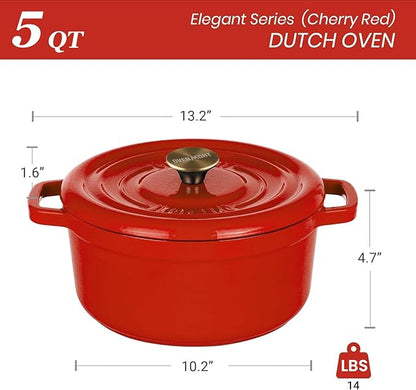 Overmont Enameled Cast Iron Dutch Oven - 5QT Pot with Lid Cookbook & Cotton Potholders - Heavy-Duty Cookware for Braising, Stews, Roasting, Sourdough Baking red - Image 7