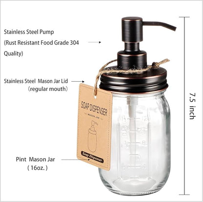 Amolliar Mason Jar Liquid Soap Dispenser, Rustproof Stainless Steel Replacement Pump Lid, Cute Farmhouse Decor for Kitchen, Bathroom, Refillable Hand Soap, Dish Soap, Lotion Soap, Rubbed Bronze-2 Pack - Image 5