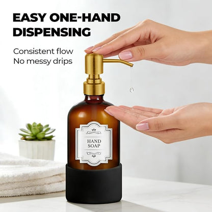 16 oz Hand and Dish Soap Dispenser Set for Kitchen and Bathroom, 500ml Amber Glass Soap Dispenser with Stainless Steel Golden Pump, Non-Slip Silicone Sleeves, Labels - 2 Pack