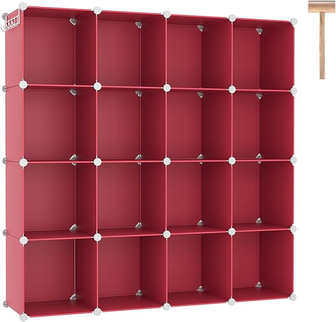 C&AHOME Cube Storage Organizer, 16-Cube Shelves Units, Plastic Storage Cubes, DIY Closet Organizer, Modular Closet Storage Shelves Ideal for Home, Bedroom, 48.4" L × 12.4" W × 48.4" H Red UPCS16R by CAHOME