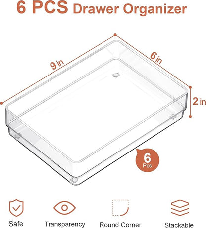 SMARTAKE 6 PCS Clear Plastic Drawer Organizers Set, Large Size Non-Slip Desk Drawer Organizer, Versatile Bathroom and Vanity Drawer Organizer Trays for Makeup, Bedroom, Office, Kitchen Utensils