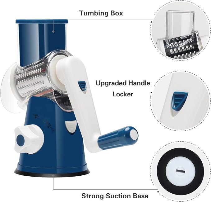 Cambom Rotary Cheese Grater Hand Crank Cheese Shredder for Fresh Cheese, Vegetable, Nuts,Non-slip Suction Base, Free Cleaning Brush Three Blades,Deep Blue - Image 7