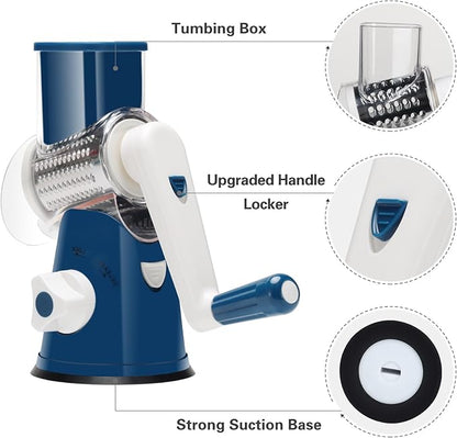 Cambom Rotary Cheese Grater Hand Crank Cheese Shredder for Fresh Cheese, Vegetable, Nuts,Non-slip Suction Base, Free Cleaning Brush Three Blades,Deep Blue - Image 7
