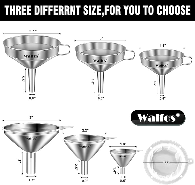 Stainless Steel Funnel, Walfos 6 Different Sizes of Kitchen funnels with 2 Removable Strainer ＆ 1Pcs Cleaning Brush, 200 Mesh Food Filter Strainer,for Transferring of Liquid, Oils, Jam, Powder - Image 4
