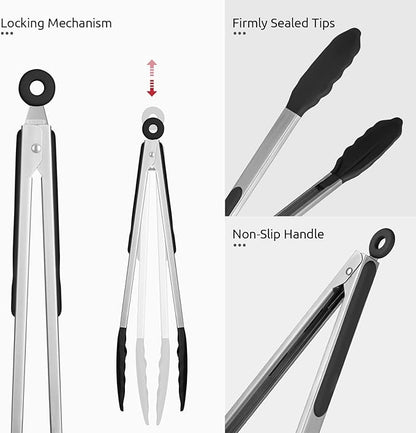 600ºF Heat Resistant Kitchen Tongs: U-Taste 9+12 inch Silicone Cooking Tong Set with Firm Sealed Non Stick Rubber Tips and Silicon Coated 18/8 Stainless Steel Handle for Serving Grilling Salad (Black) - Image 6