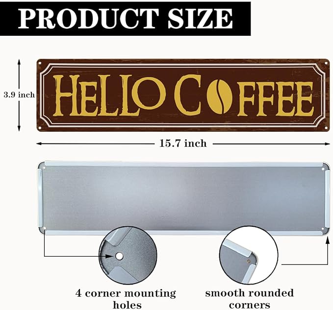 Hello Coffee Signs, Retro Metal Tin Sign, Home Kitchen Wall Decor, Farmhouse Decorations for Cafe, Coffee Station Decors, Decorative Metal Wall Signs 15.8x4 Inches - Image 2