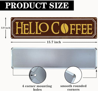 Hello Coffee Signs, Retro Metal Tin Sign, Home Kitchen Wall Decor, Farmhouse Decorations for Cafe, Coffee Station Decors, Decorative Metal Wall Signs 15.8x4 Inches - Image 2