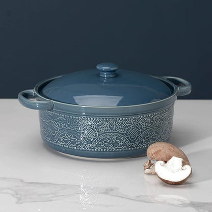 FUN ELEMENTS Lace Emboss Casserole Dish with Lid, 2 Quart Oven to Table Ceramic Round Serving Dish with Handles for Dinner and Party, Thanksgiving Christmas Gifts(Grayish Blue) - Image 2