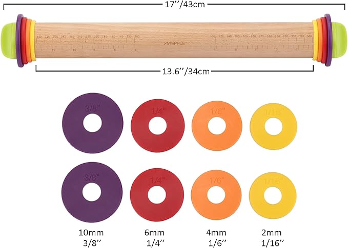 Rolling Pin with Thickness Rings for Baking,Fondant, Pizza, Pie Crust, Cookie, Pastry, Roller Rod for Dough Thickness, 13.6" Adjustable Wooden Rolling Pin with 4 Thickness Rings - Image 7