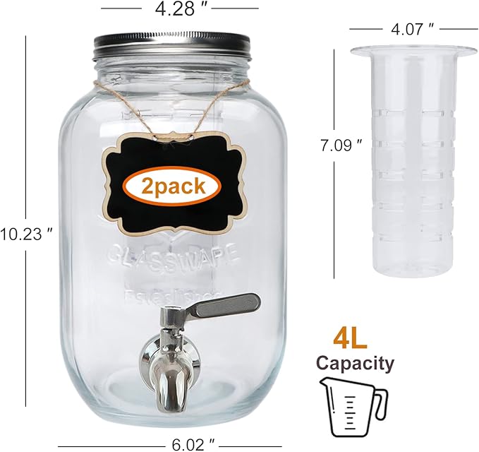 Accguan 1-Gallon Drink Dispenser,Glass Water Dispenser with Tin Lid and Stainless steel faucet,Black Iron Frame,Mason Drink Dispenser for Parties, Picnics, Barbecues and Daily,2 pack
