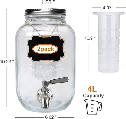 Accguan 1-Gallon Drink Dispenser,Glass Water Dispenser with Tin Lid and Stainless steel faucet,Black Iron Frame,Mason Drink Dispenser for Parties, Picnics, Barbecues and Daily,2 pack
