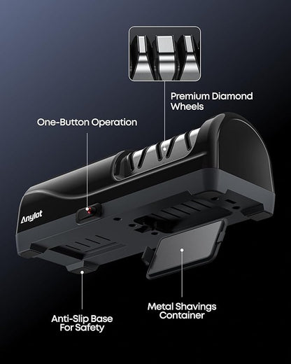Electric Knife Sharpener for Kitchen, 3-Stage Knife Sharpener Electric with 100% Diamond Abrasives, 20° Precision Angle Guide, Fast & Safe Sharpening for Chef Knives, Home Use & Beginners (Black) - Image 9