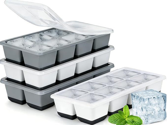 Large Ice Cube Trays with Lid, Jrisbo 2 Pack Stackable Silicone Ice Cube Molds for Freezer, Easy Release 16 Big Square Ice Trays for Whisky Cocktails (2 Black2 Gray) by Jrisbo