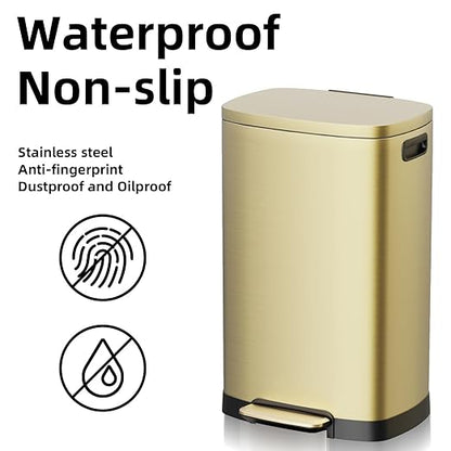 KdbK 13 Gallon Trash Can with Lid, 50L Fingerprint Proof Stainless Steel Kitchen Trash Can with Removable Inner Bucket and Lid Soft Close, Pedal Rubbish Bin for Home Office, Gold - Image 5