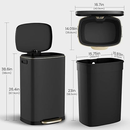 ELPHECO Kitchen Trash Can with Lid Soft Close, 13 Gallon / 50L Stainless Steel Pedal Garbage Can, Heavy-Duty Fingerprint Proof Step Wastebasket with 20 Bags, Removable Bucket, Home Office, Matte Black - Image 2