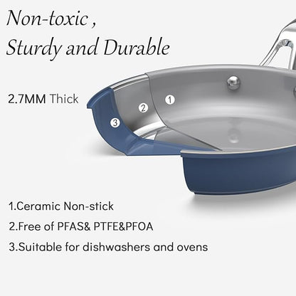 10-Inch Ceramic Non-Stick Cookware Set, 8-in-1 Multifunctional Cookware, Interior & Exterior Ceramic Coating, PFAS/PTFE/PFOA-Free, Compatible with All Stovetops， Oven-Safe up to 450°F