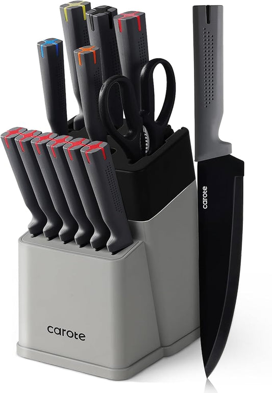 CAROTE 14Pcs Kitchen Knife Set, Stainless Steel knife set with ABS Block, Rustproof Cutlery with Ceramic Surface, 6 Steak Knives